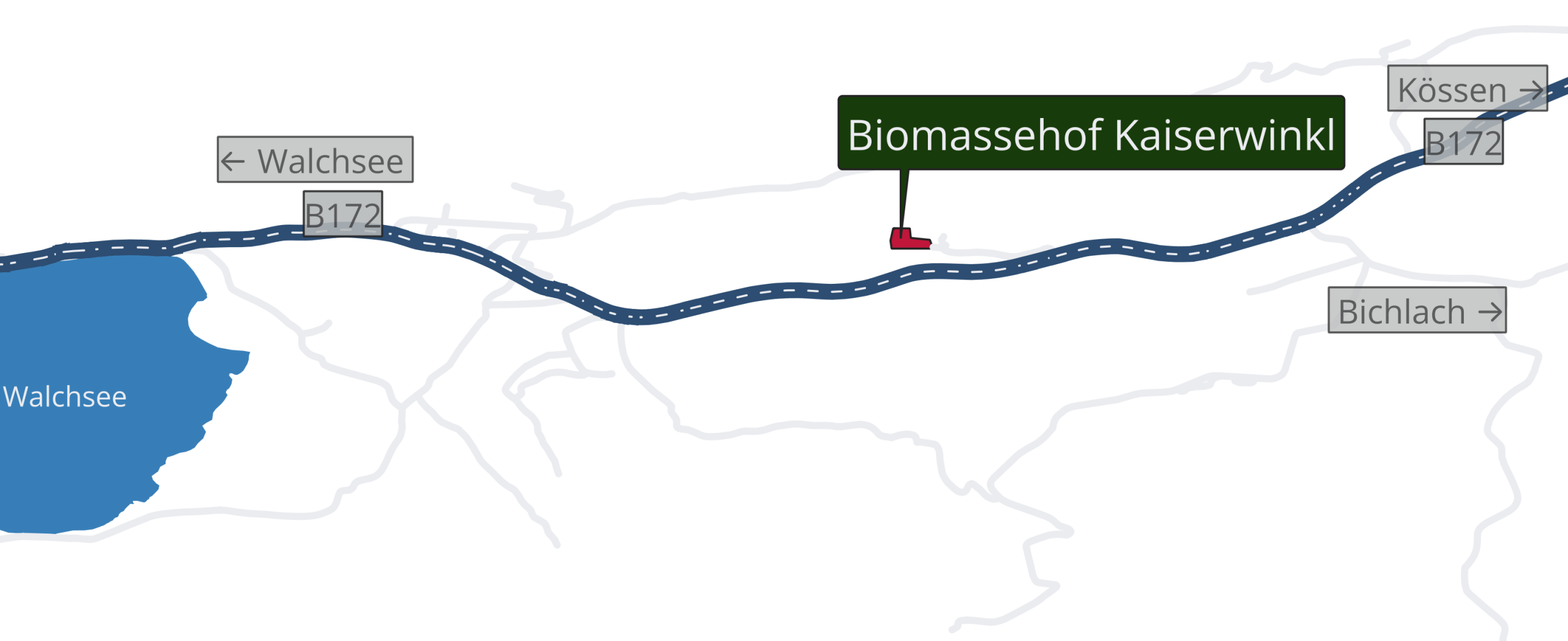 Anfahrtskarte zum Biomassehof Fahringer Kaiserwinkl an der B172 zwischen Walchsee und Kössen