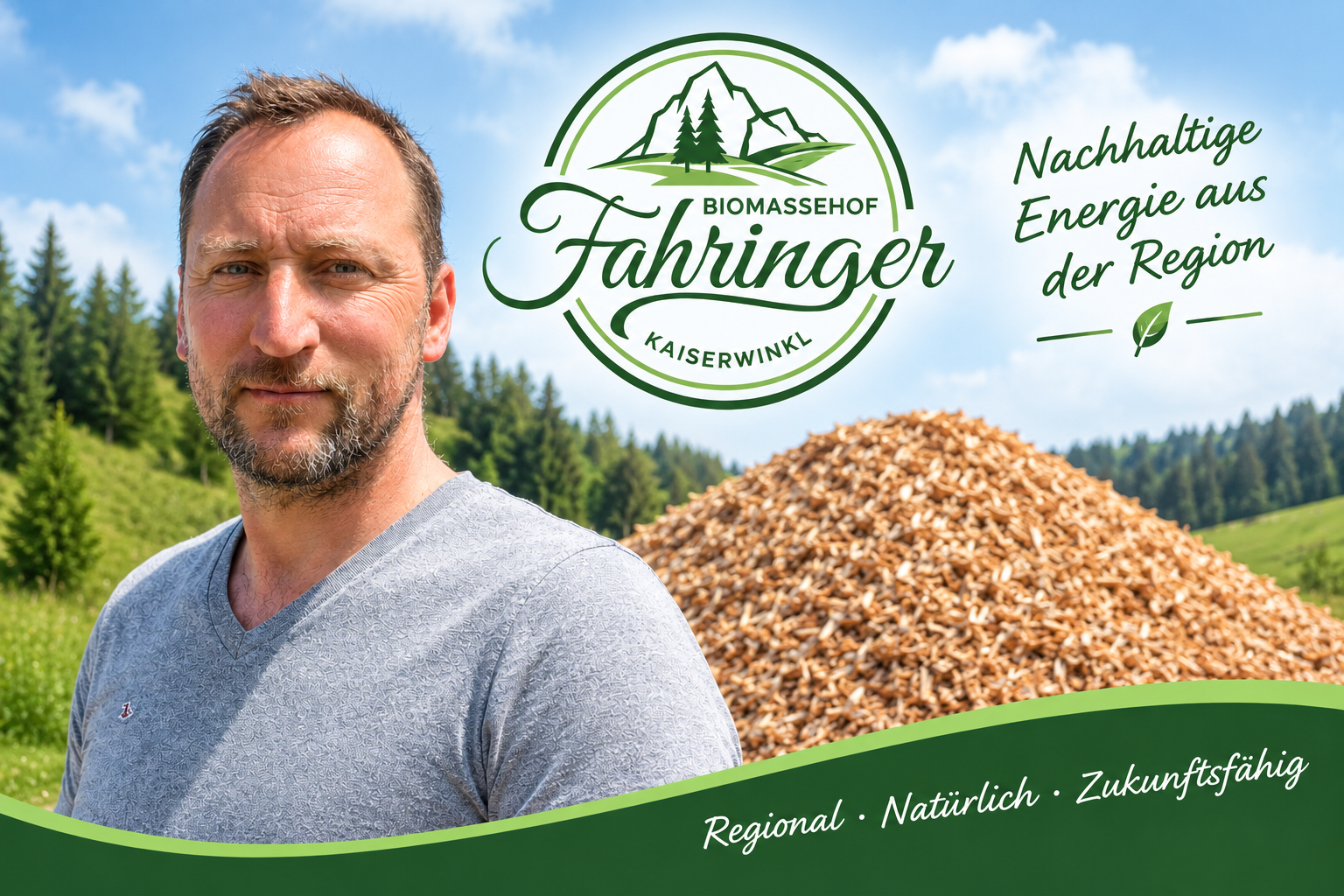 Sepp Fahringer vom Biomassehof Fahringer vor einem Hackschnitzelhaufen